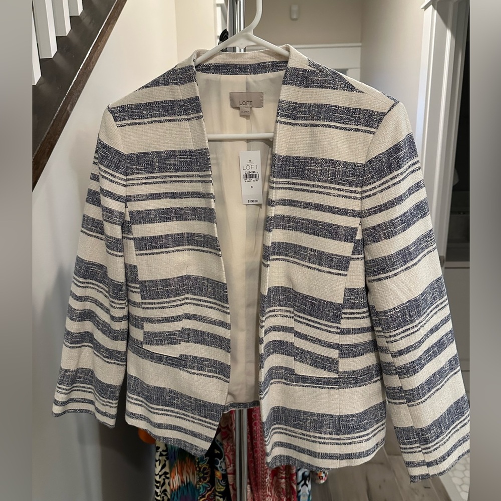 LOFT Blue and Cream Striped Textured Blazer